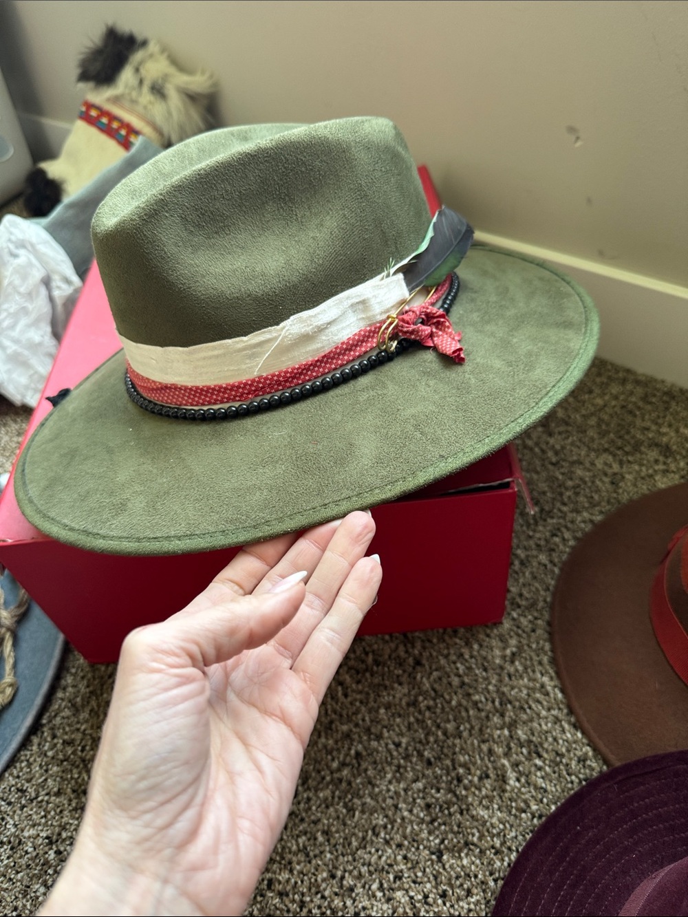 Olive green, embellished, fedora style hat